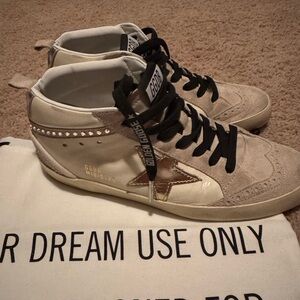 Golden Goose Beige and Gold High-Tops with Star Accent